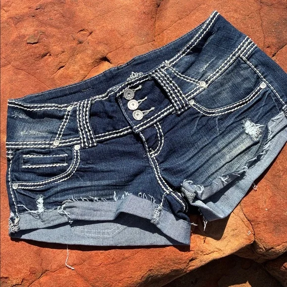 Almost Famous Dark Blue Distressed Denim Shorties shorts low rise 9 - Picture 6 of 6